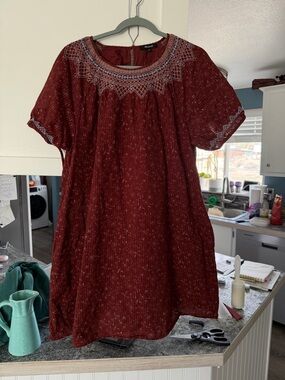 Madewell Cotton Embroidered Neckline Burgundy Boho Dress
